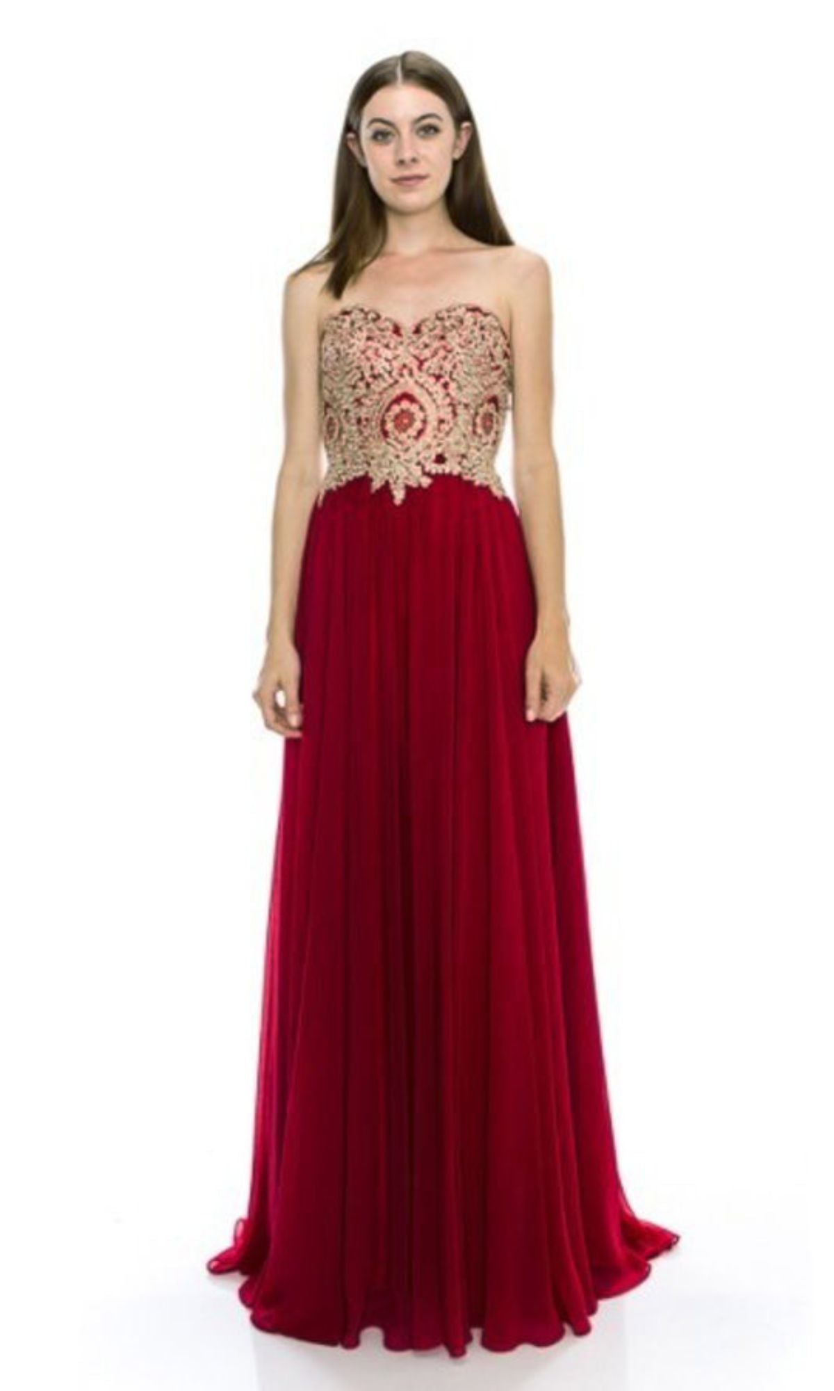 A woman models the Lace-Up Strapless Long Prom Dress: Chicas C0533 in vibrant red, with a gold-embroidered bodice and flowing floor-length skirt, standing against a plain white background.